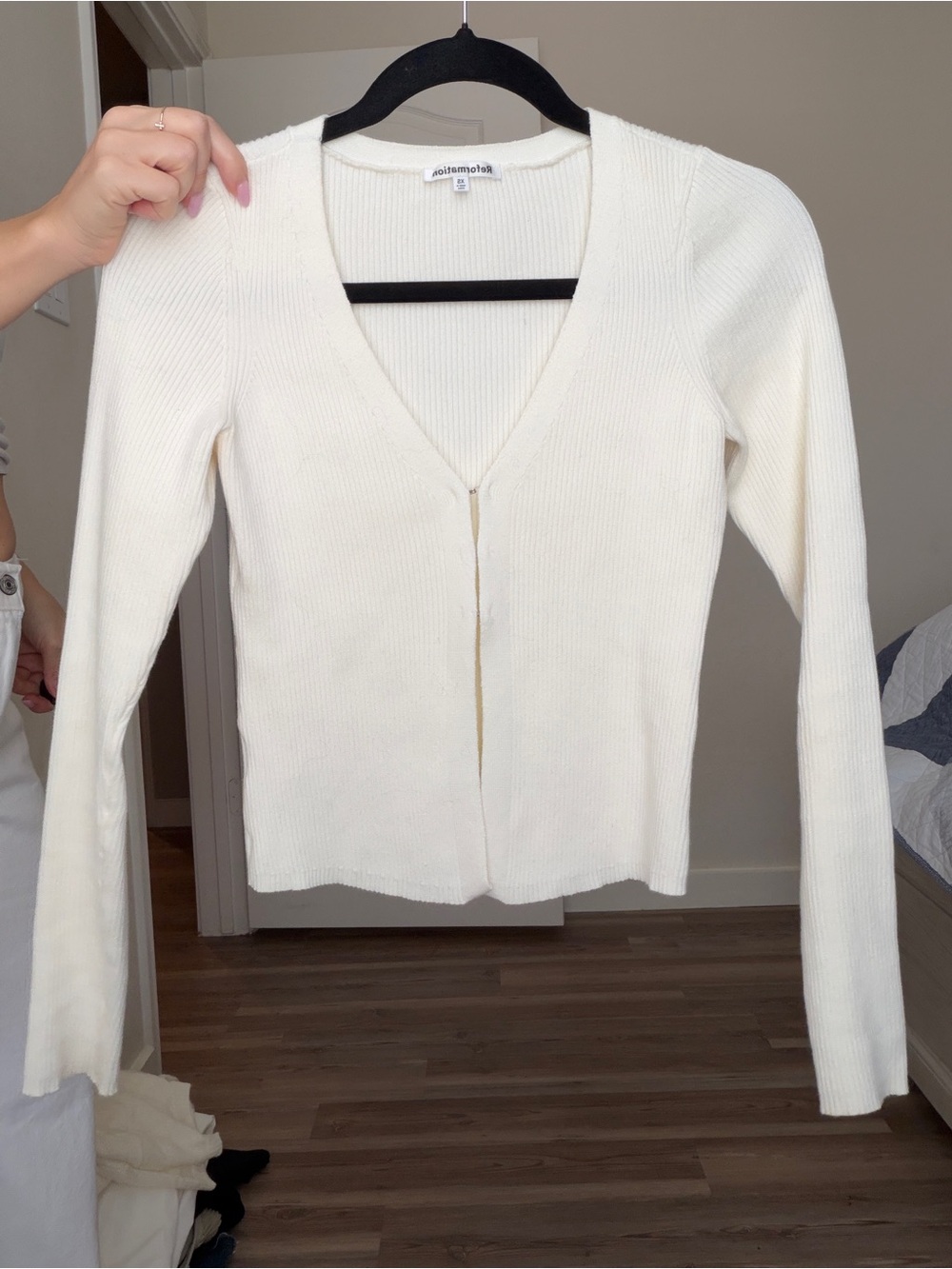 Reformation Ivory Ribbed V-Neck Cardigan Sweater
